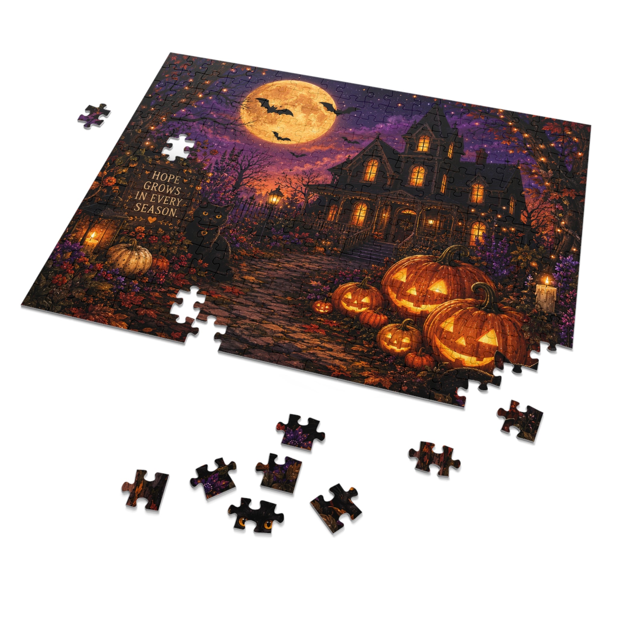 Halloween Haunted House Jigsaw Puzzle with Tin — 'Hope Grows in Every Season' Pumpkin Night Scene