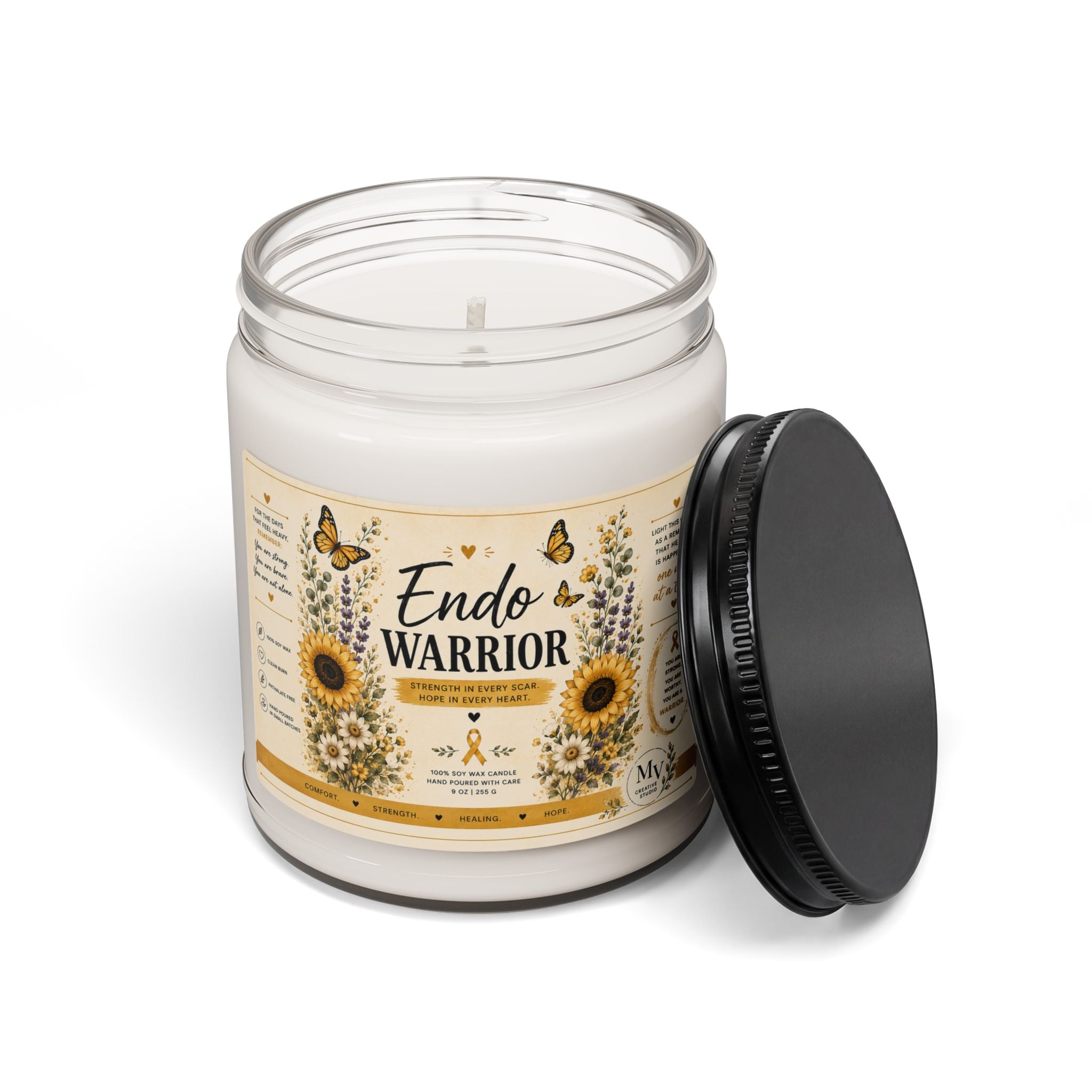 Endo Warrior Scented Soy Candle — 9oz Aromatherapy Candle with Sunflower Design (Endometriosis Awareness)