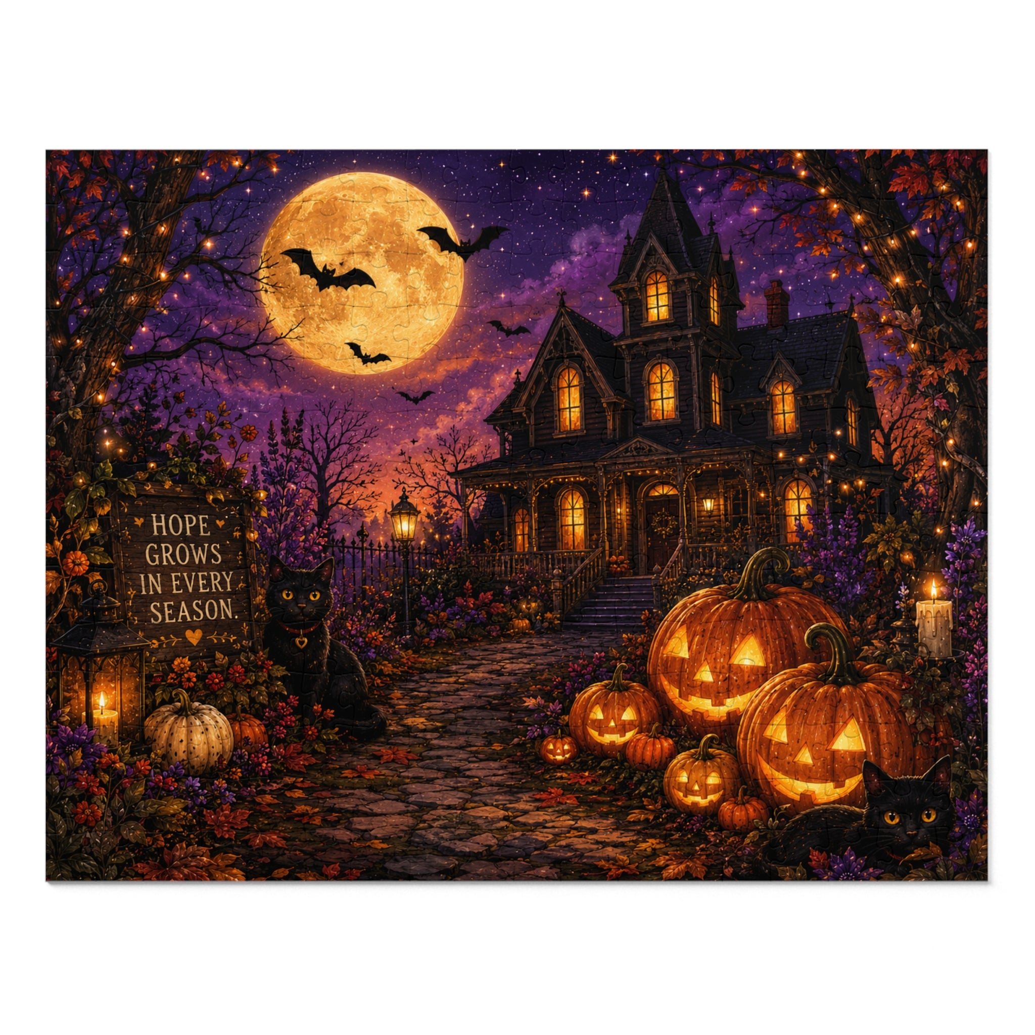 Halloween Haunted House Jigsaw Puzzle with Tin — 'Hope Grows in Every Season' Pumpkin Night Scene