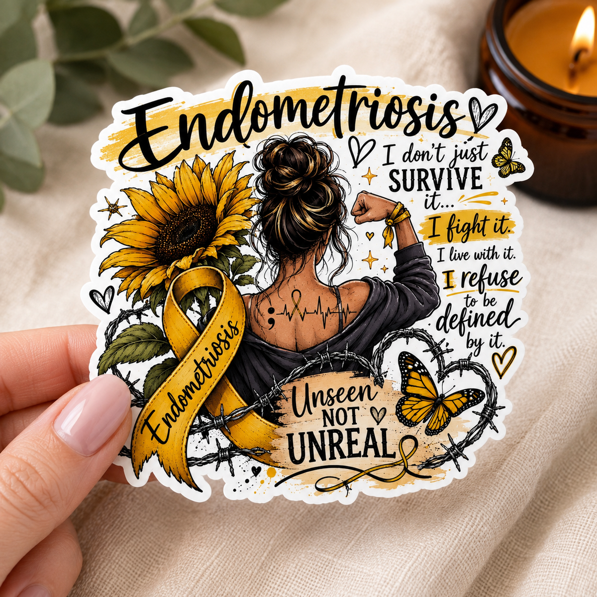 Strong Woman with a Heartbeat Tattoo | Endometriosis Sticker (2)