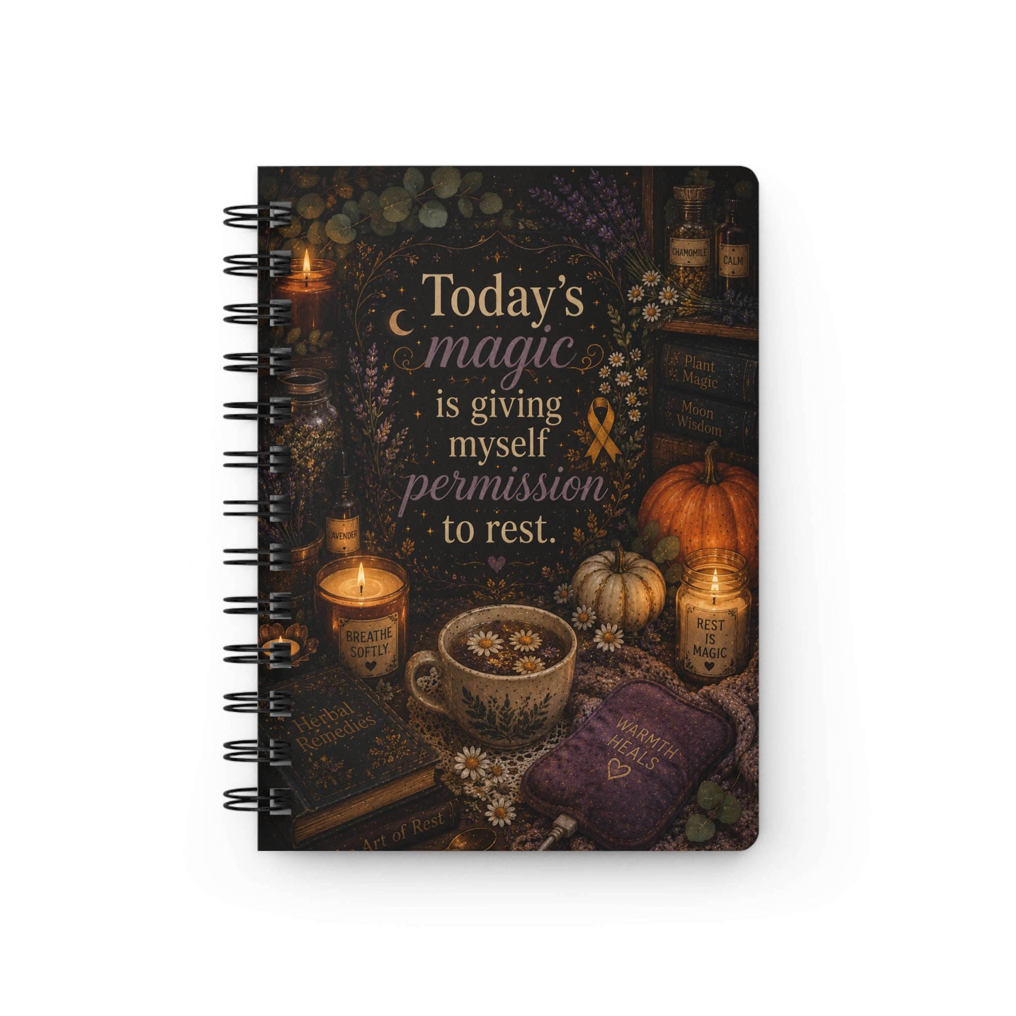 Spiral Journal — “Today’s Magic is Giving Myself Permission to Rest” Inspirational Witchy Pumpkin Notebook