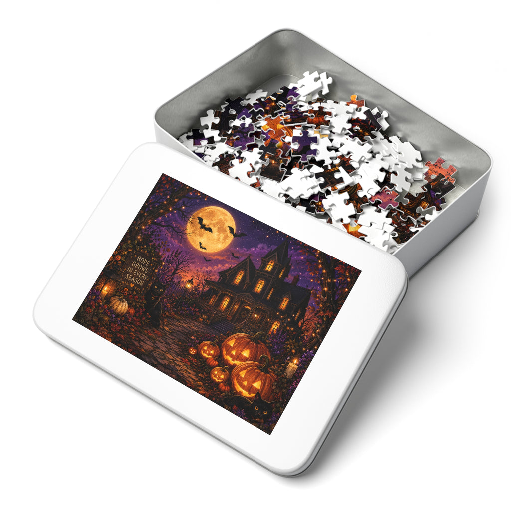 Halloween Haunted House Jigsaw Puzzle with Tin — 'Hope Grows in Every Season' Pumpkin Night Scene