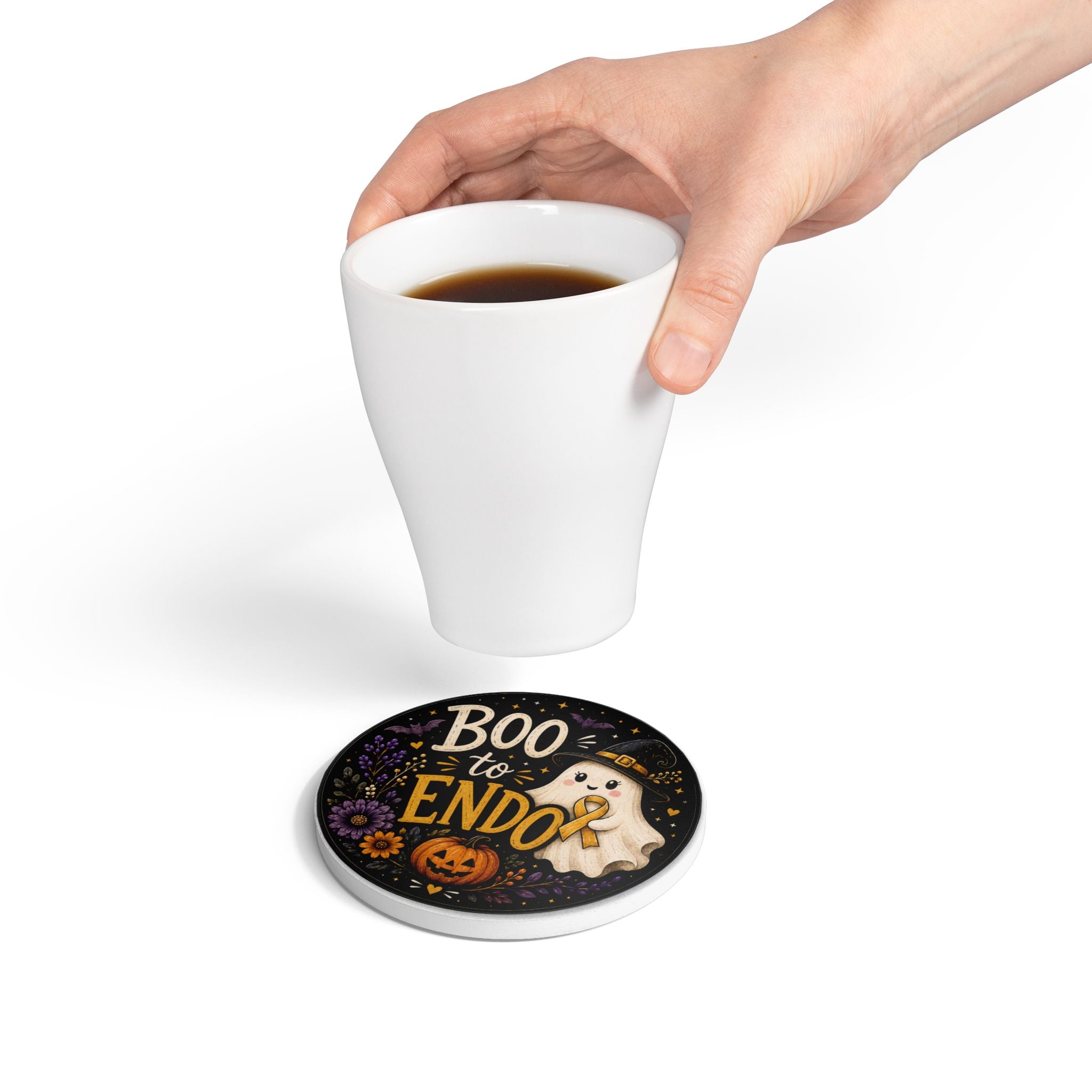 Halloween 'Boo to Endo' Ceramic Coaster — Endometriosis Awareness Ghost Design