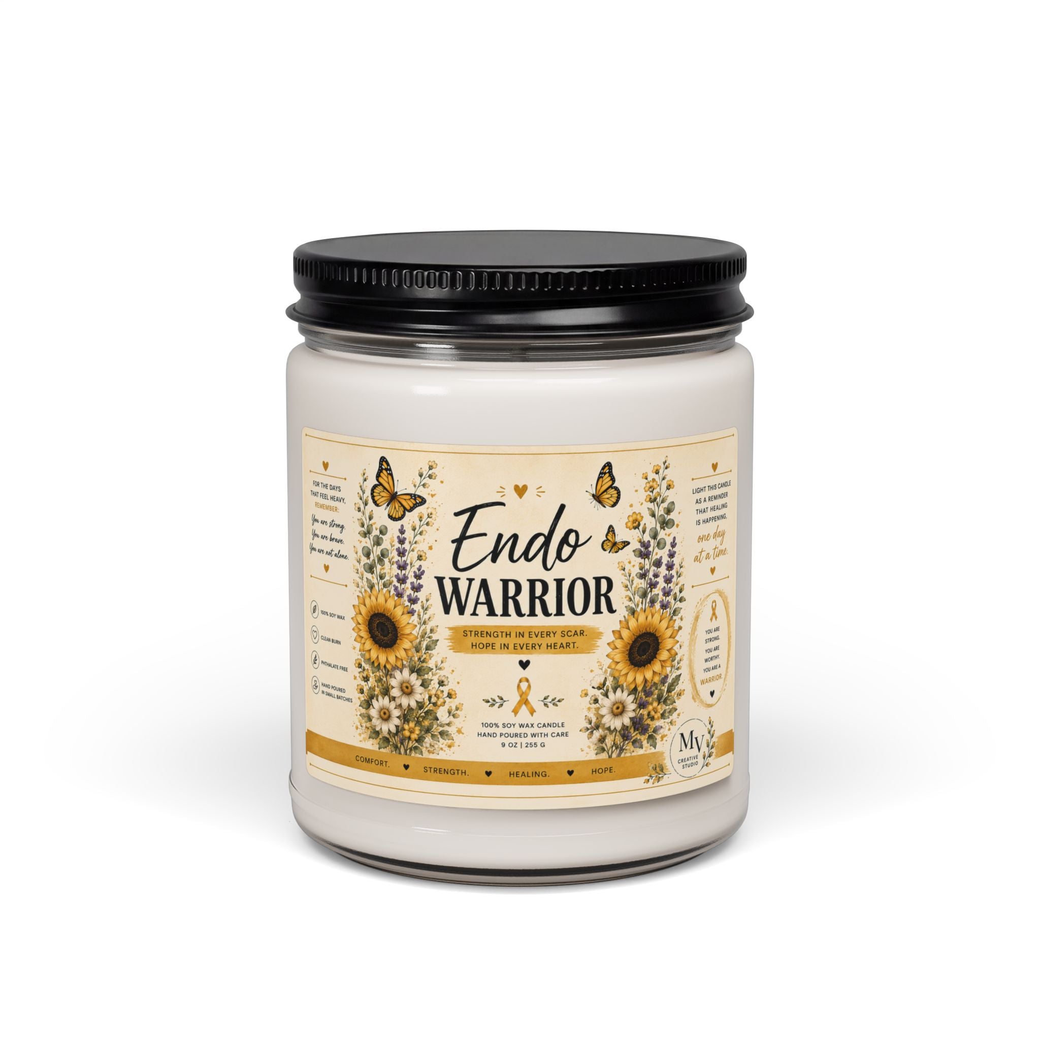 Endo Warrior Scented Soy Candle — 9oz Aromatherapy Candle with Sunflower Design (Endometriosis Awareness)