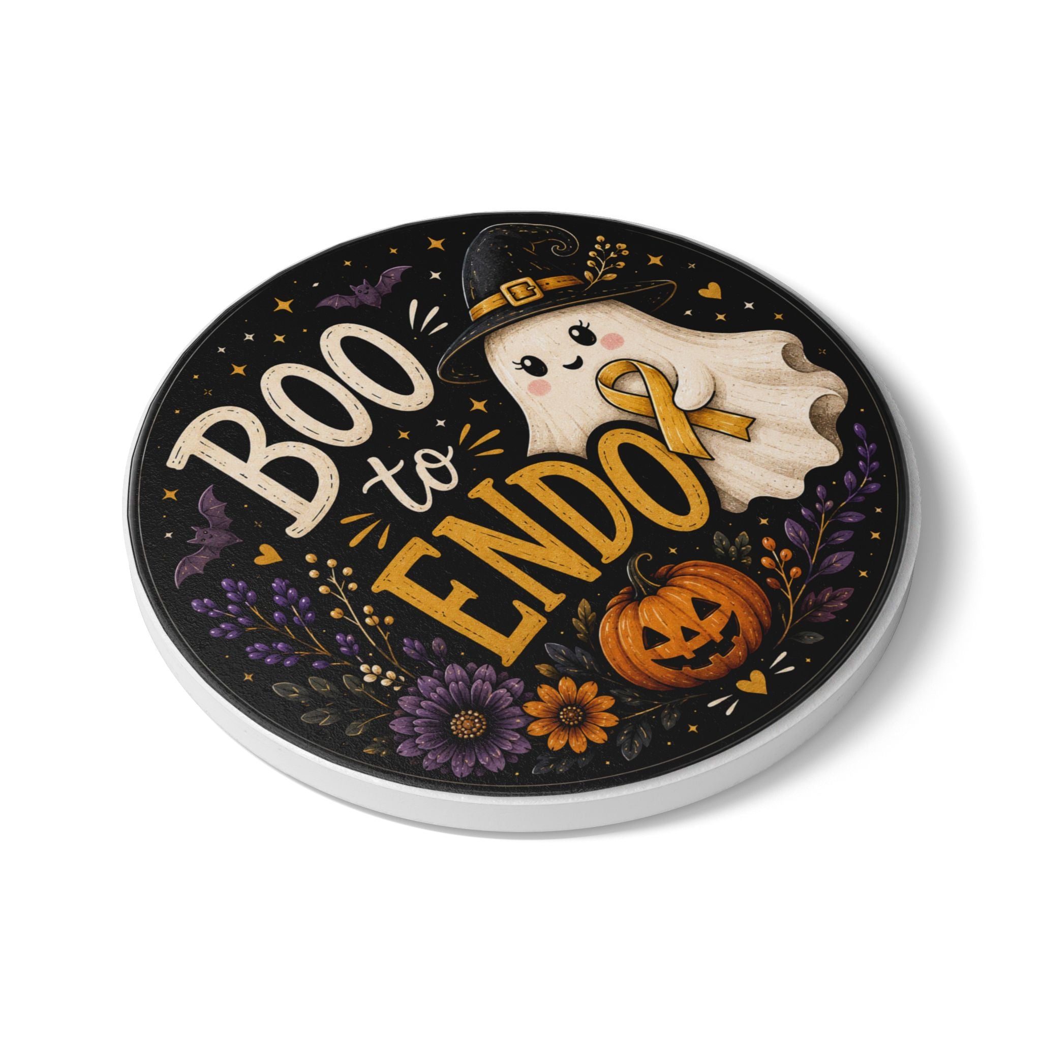Halloween 'Boo to Endo' Ceramic Coaster — Endometriosis Awareness Ghost Design
