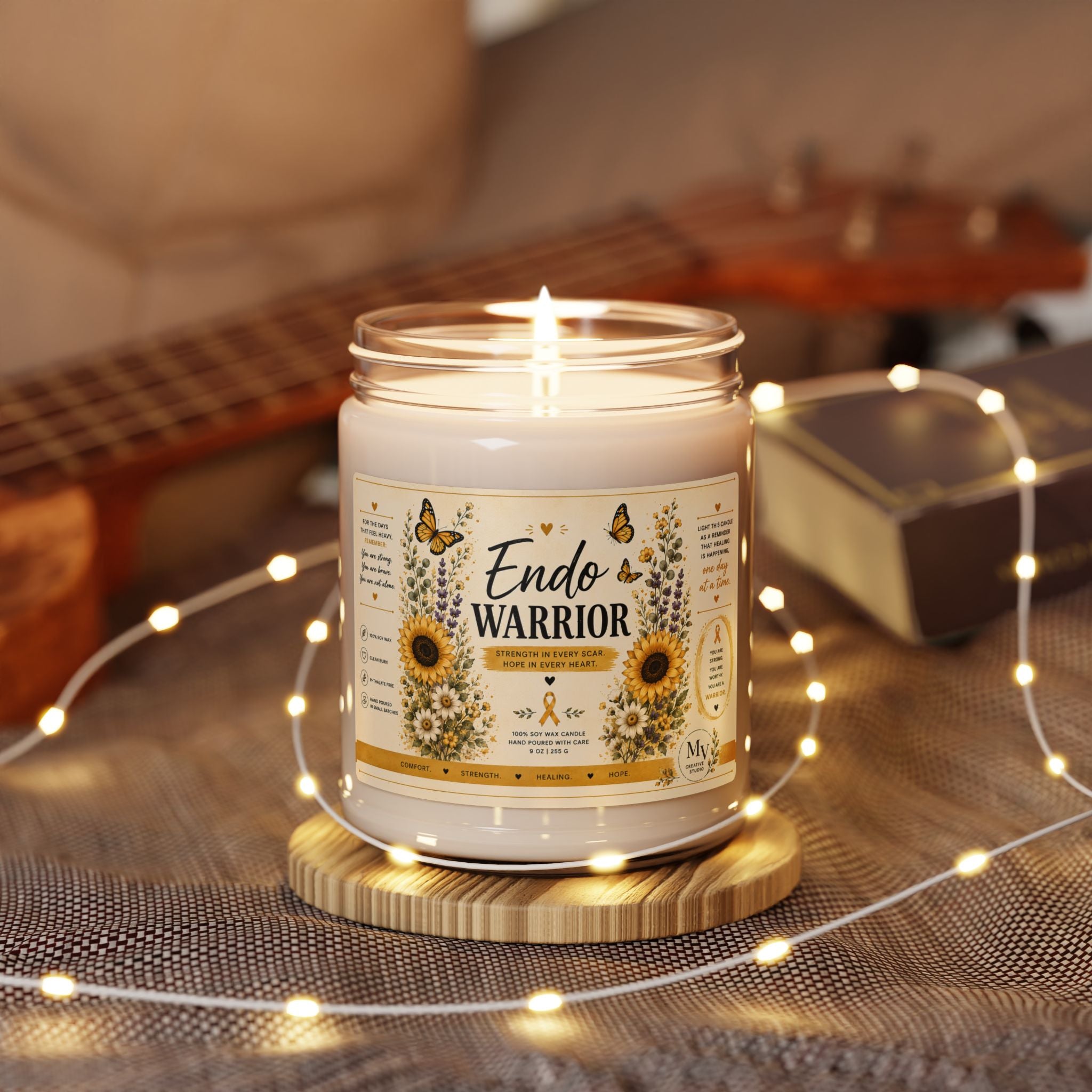 Endo Warrior Scented Soy Candle — 9oz Aromatherapy Candle with Sunflower Design (Endometriosis Awareness)