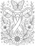 Coloring page with a ribbon, butterfly, and flowers.