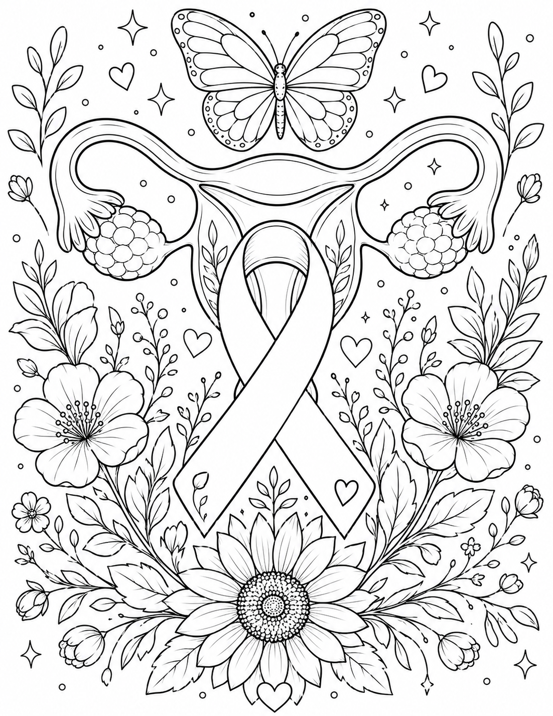 Coloring page with a ribbon, butterfly, and flowers.