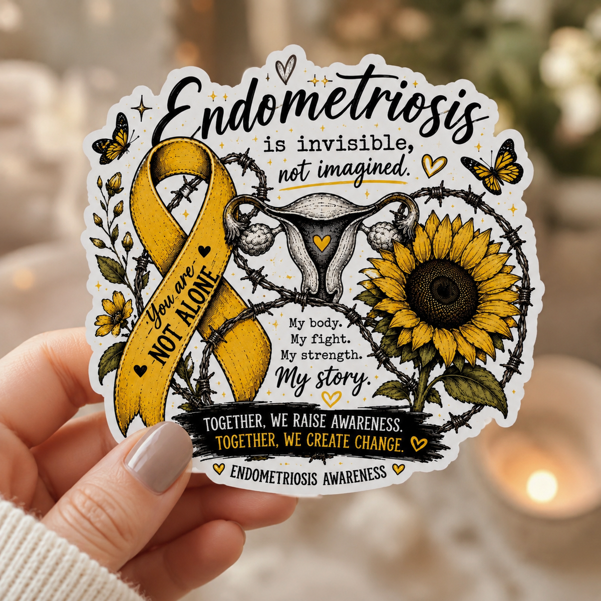 Not Alone | Anatomical uterus wrapped in barbed wire | Endometriosis Sticker (7)