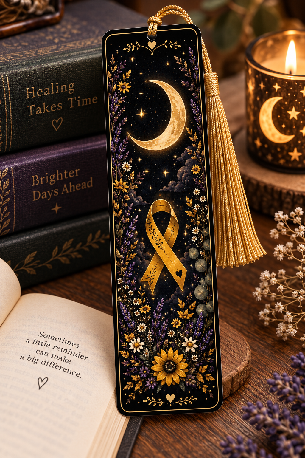 Moon and Yellow Ribbon Bookmark | Endometriosis Awareness Gift