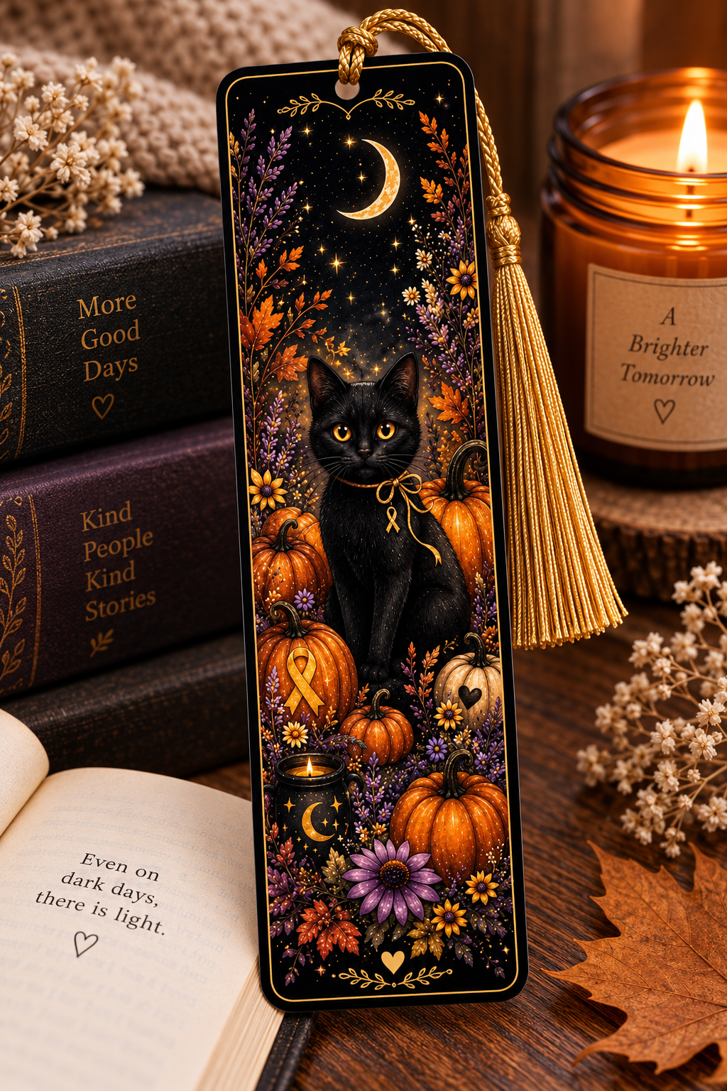 Cozy Autumn Night Black Cat Bookmark | Fall Book Lover Gift