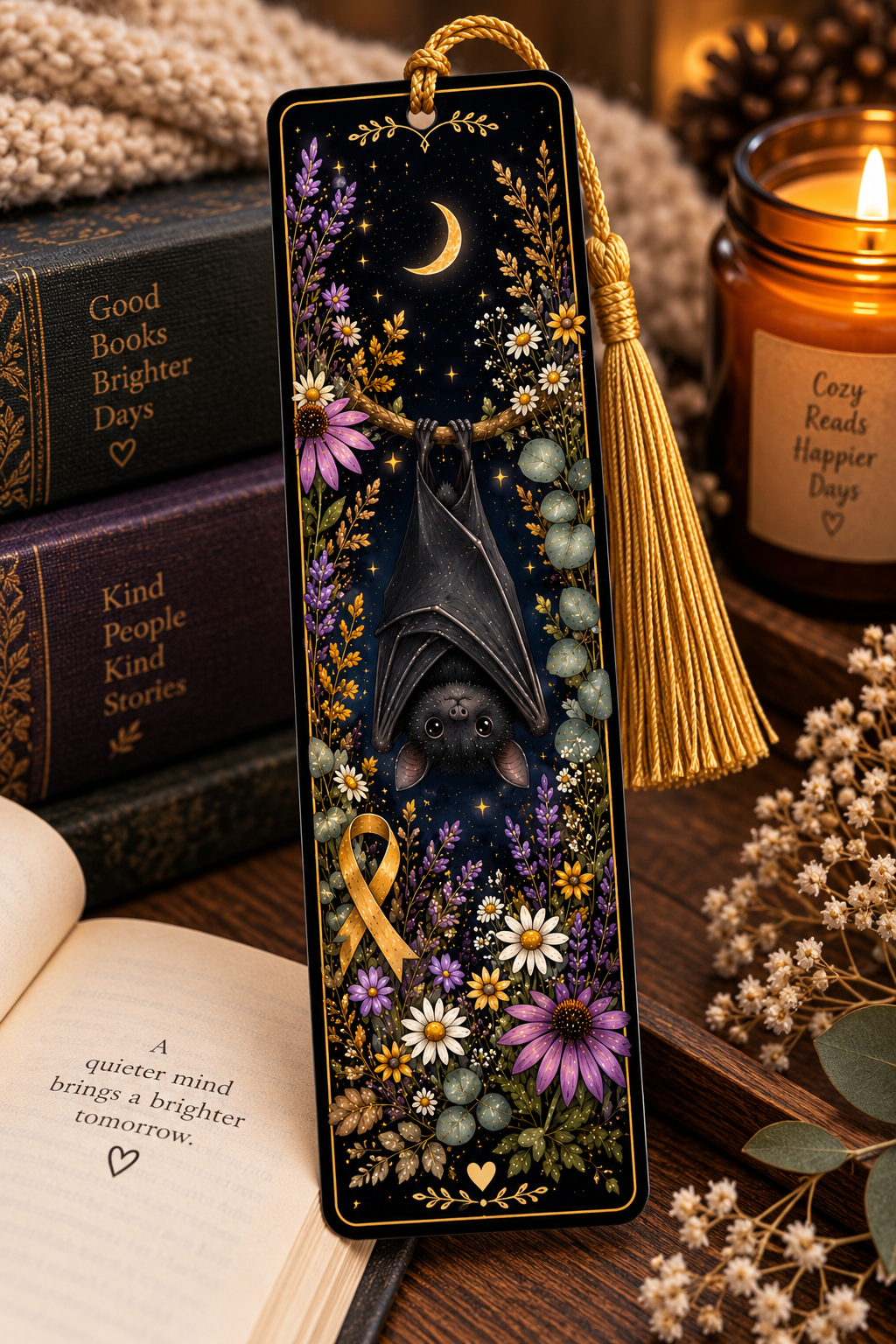 Bat & Wildflowers Bookmark | Gothic Botanical Book Lover Gift