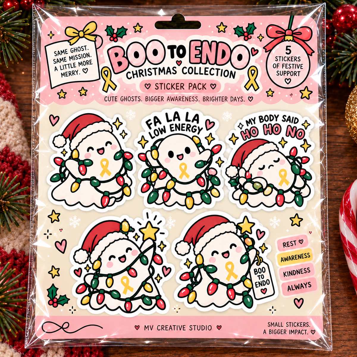 Boo to Endo Christmas Sticker Pack | 5 Endometriosis Awareness Stickers | Chronic Illness Gift | Cute Holiday Ghost Stickers 👻🎄💛