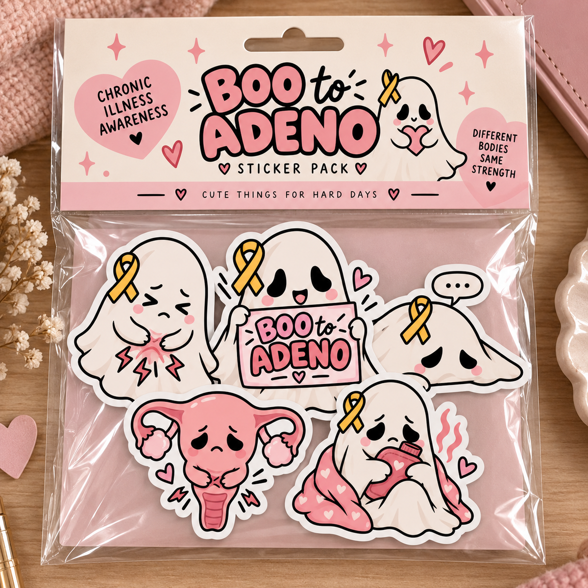 BOO to ADENO Sticker Pack | Adenomyosis Awareness Ghost Stickers | Chronic Illness Sticker Set | Spooky Spoonie Gift