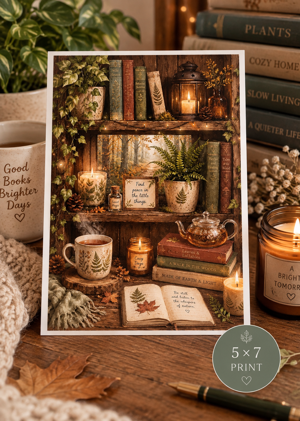 Cozy Woodland Bookshelf Art Print | 5x7 Cottagecore Wall Art | Botanical Reading Nook Decor | Cozy Book Lover Gift | Nature Print