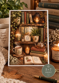 Cozy Woodland Bookshelf Art Print | 5x7 Cottagecore Wall Art | Botanical Reading Nook Decor | Cozy Book Lover Gift | Nature Print
