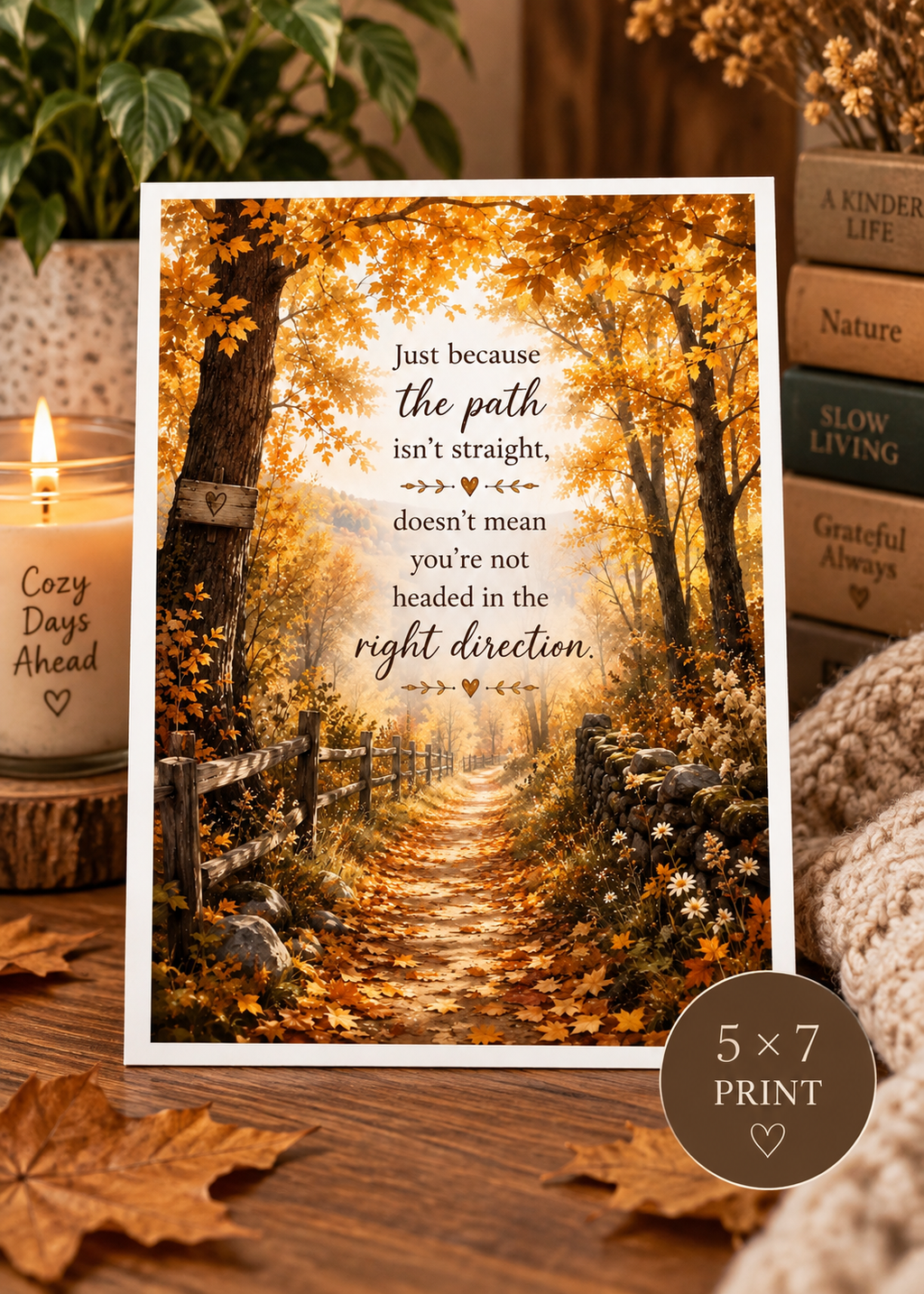 Just Because the Path Isn’t Straight 5x7 Art Print | Motivational Wall Art | Autumn Forest Print | Encouragement Gift | Inspirational Decor