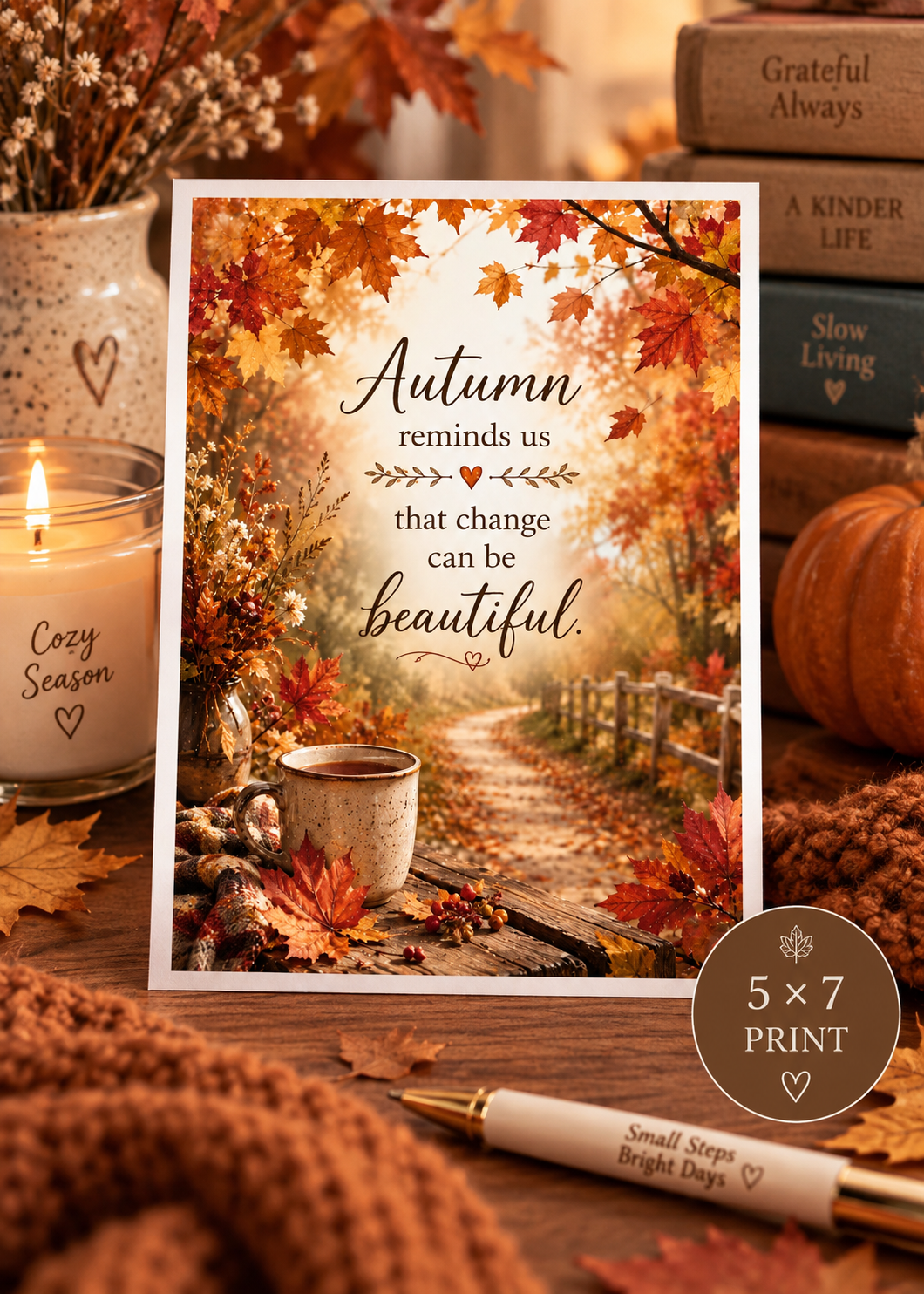 Autumn Reminds Us Change Can Be Beautiful 5x7 Art Print | Inspirational Fall Wall Art | Cozy Autumn Decor | Encouragement Gift