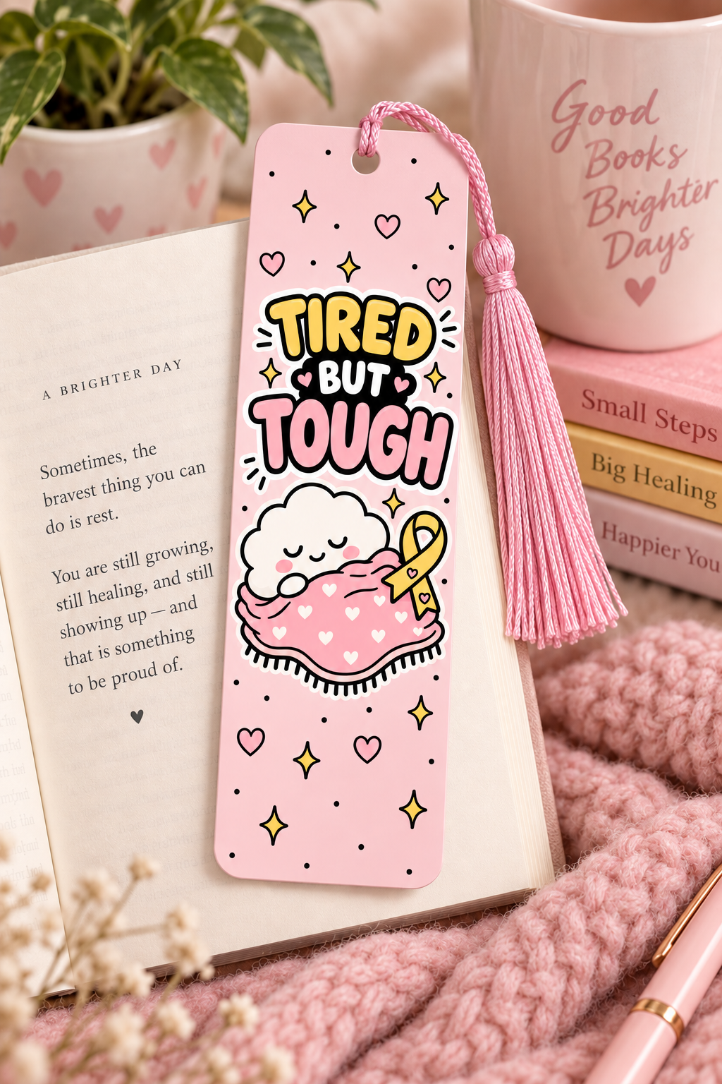 Tired But Tough Bookmark with Pink Tassel | Endometriosis Awareness Bookmark | Chronic Illness Gift | Endo Warrior Gift