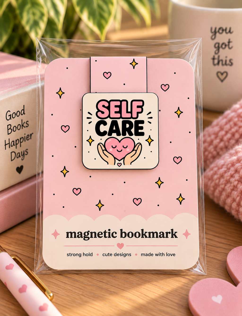 Self Care Magnetic Bookmark | Cute Book Lover Gift | Pink Heart Bookmark | Mental Health & Wellness Gift | Reader Accessory