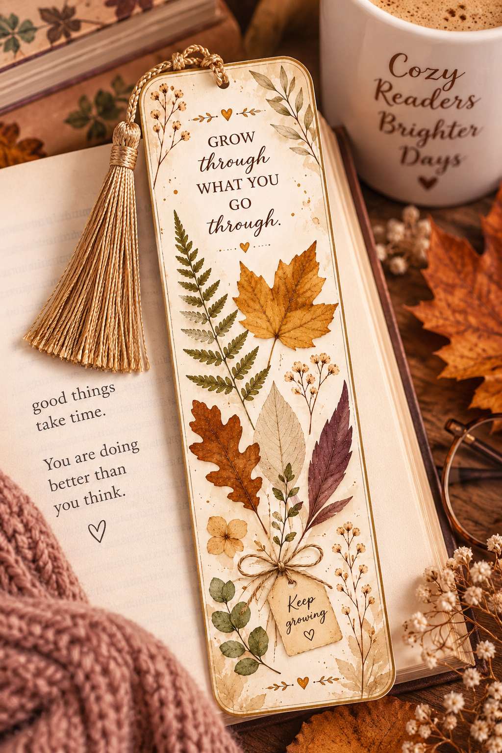 Grow Through What You Go Through Bookmark | Inspirational Fall Bookmark | Botanical Bookmark | Autumn Book Lover Gift