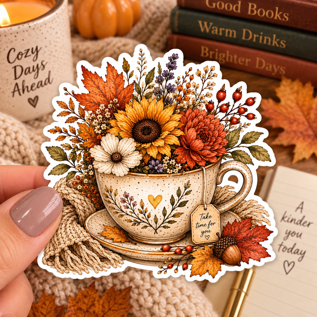 Take Time for You Sticker | Cozy Fall Floral Sticker | Autumn Teacup Sticker | Self Care Sticker | Cottagecore Botanical Decal