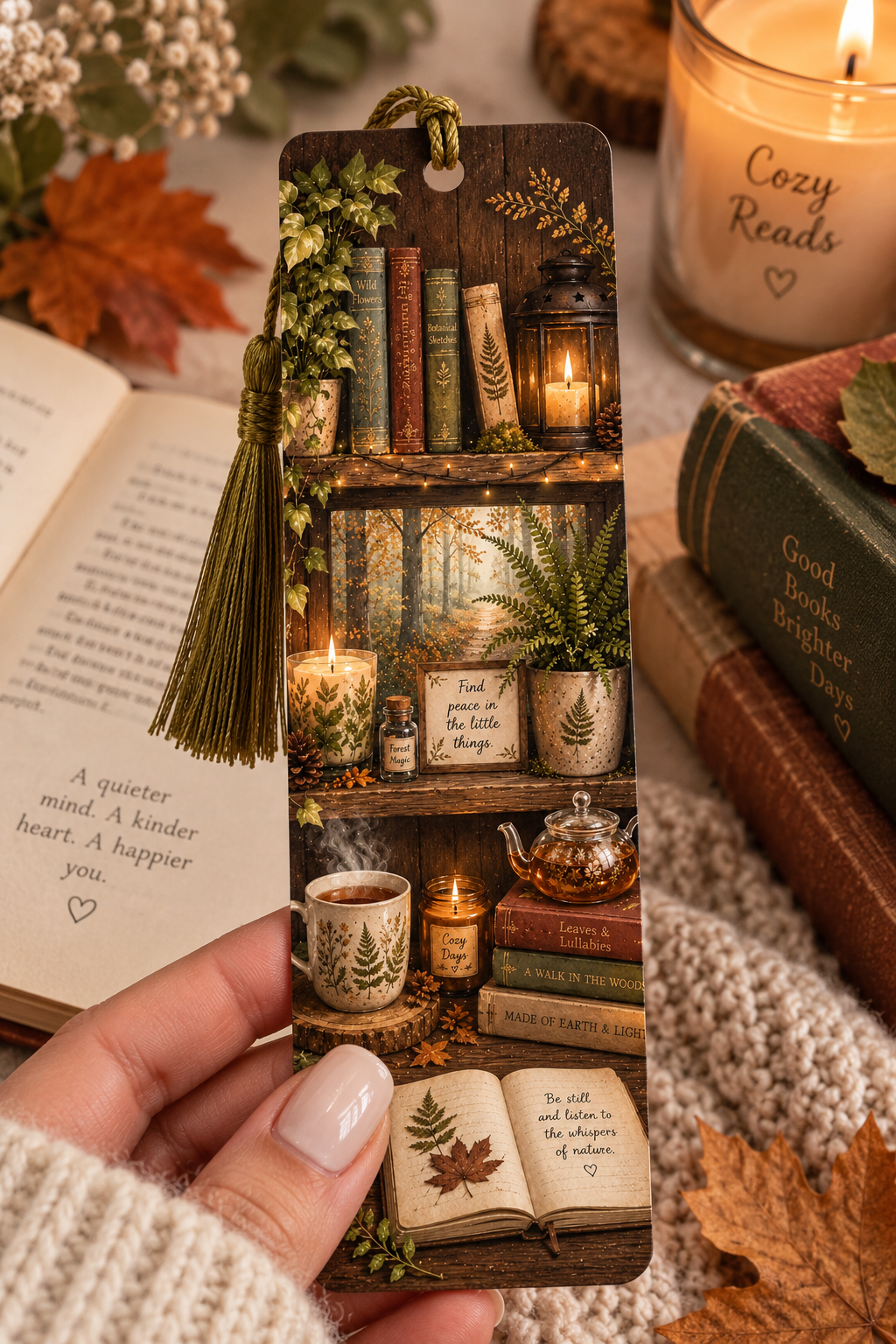 Cozy Fall Bookmark with Tassel | Autumn Bookshelf Bookmark | Cottagecore Book Lover Gift | Fall Reading Accessory