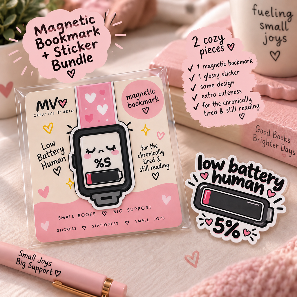 Low Battery Human Foldable Magnetic Bookmark + Matching Sticker| Chronic Illness Gift