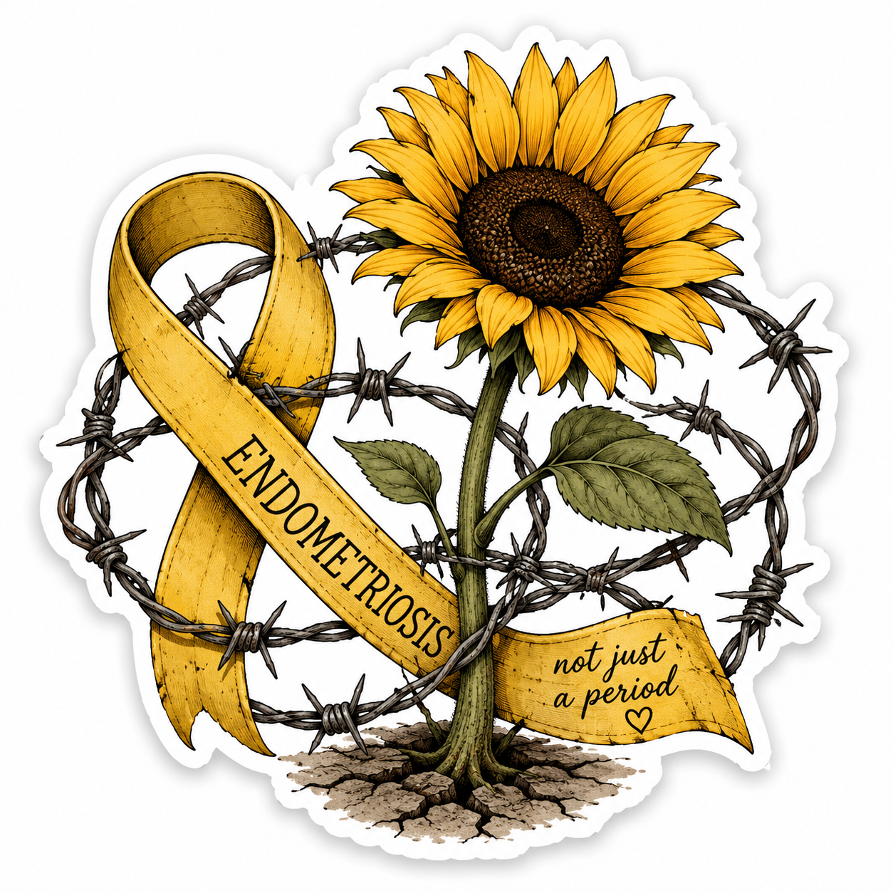 Endometriosis Sticker 1: sunflower rising through barbed wire