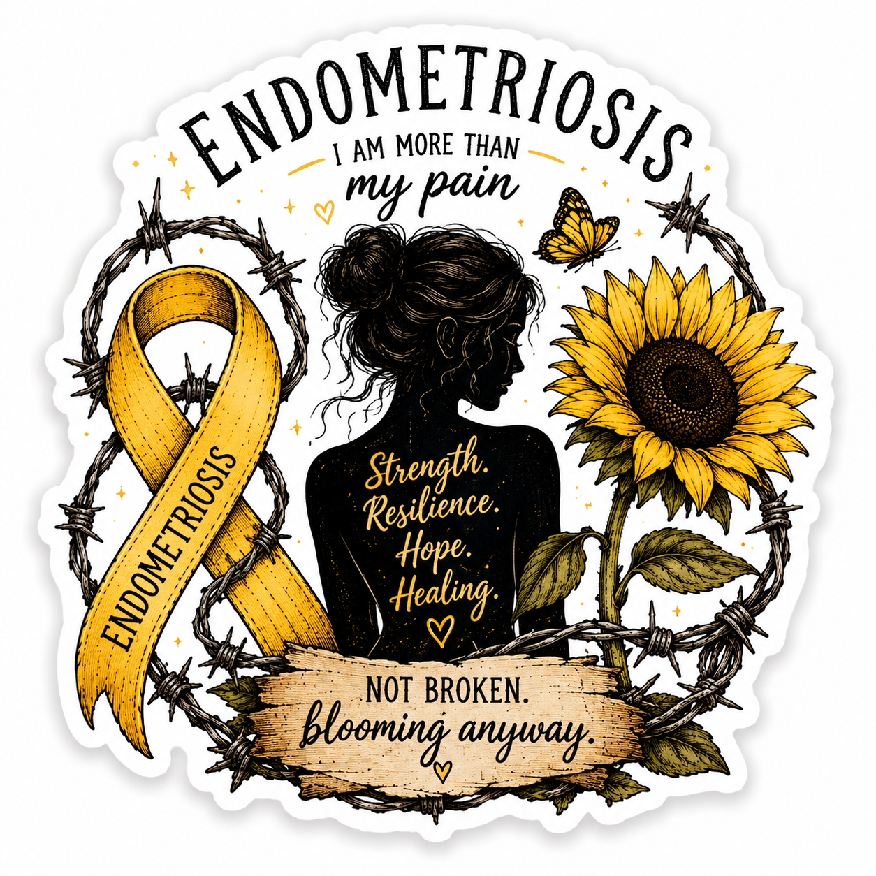 Endometriosis Sticker 3: silhouette of a woman surrounded by a sunflower