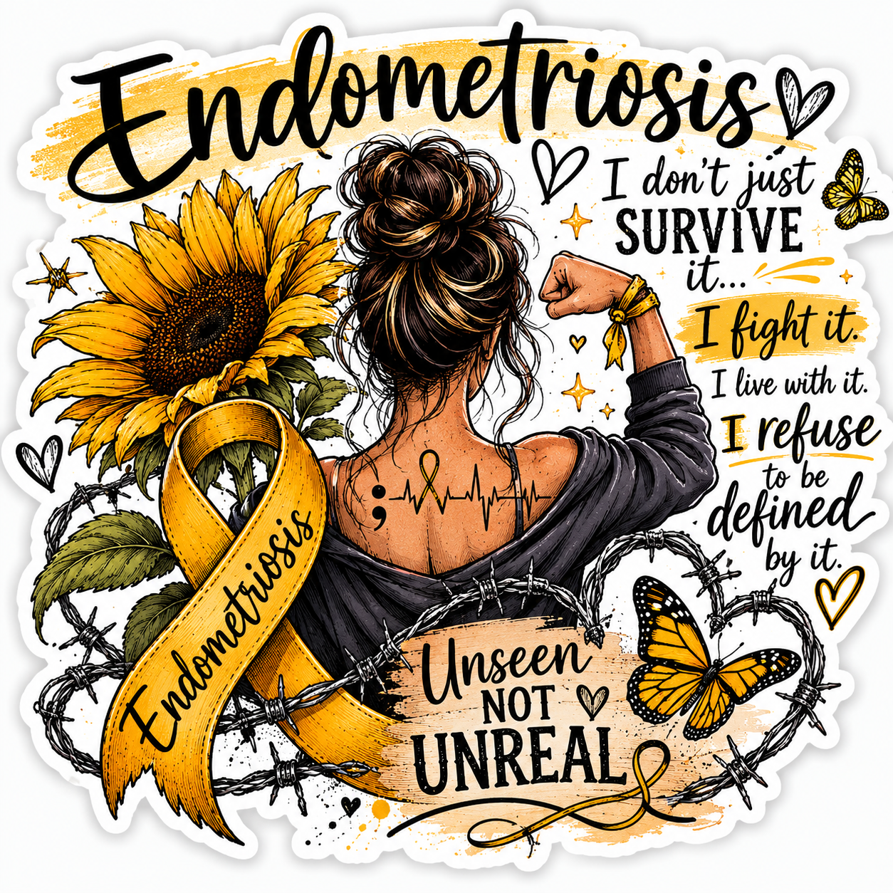 Endometriosis Sticker 2: Strong woman with a heartbeat tattoo