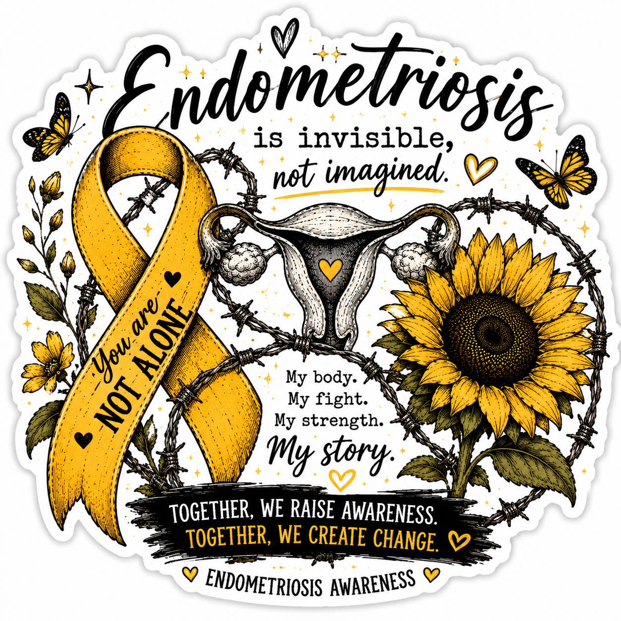 Endometriosis Sticker 7: Anatomical uterus wrapped in barbed wire. Not alone