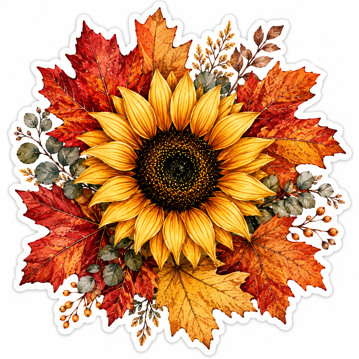 Sunflower Surrounded by Maple Leaves Sticker