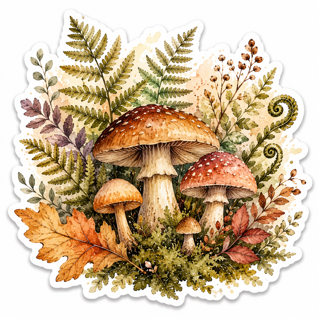 Woodlands Mushrooms and Autumn Ferns Sticker