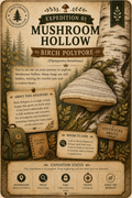 A vintage-style illustrated game board or map card titled 'Expedition 01 Mushroom Hollow Birch Polypore,' showing a birch tree trunk, mushroom close-up, journal pages, a map, and expedition status panels on a parchment-like background.