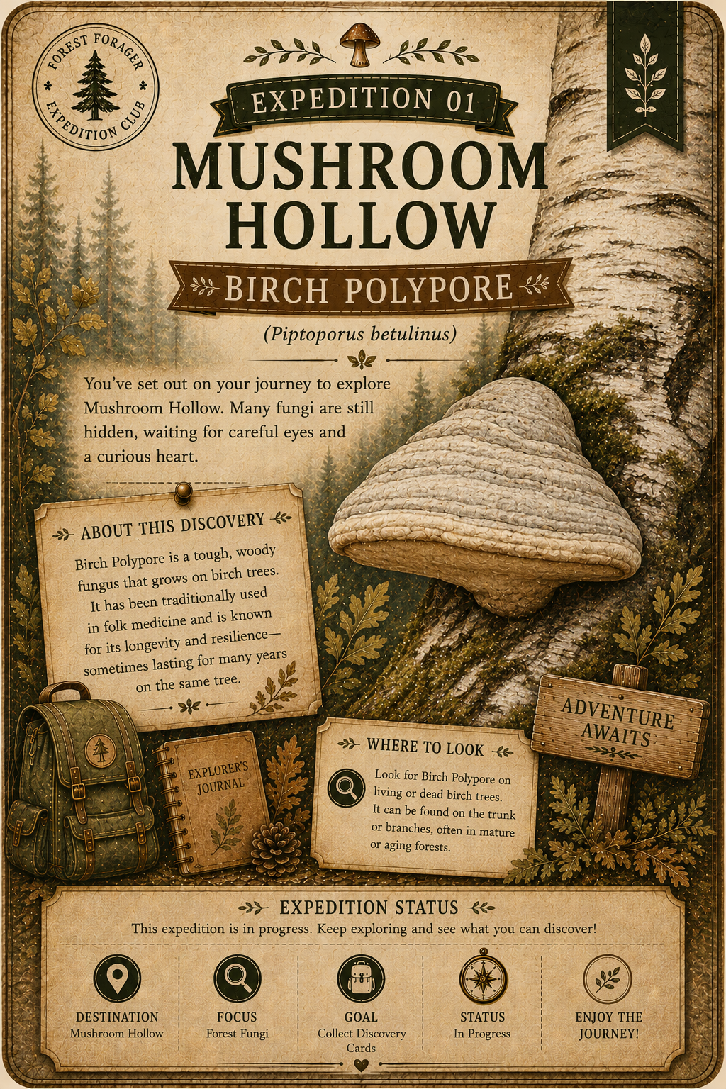 A vintage-style illustrated game board or map card titled 'Expedition 01 Mushroom Hollow Birch Polypore,' showing a birch tree trunk, mushroom close-up, journal pages, a map, and expedition status panels on a parchment-like background.
