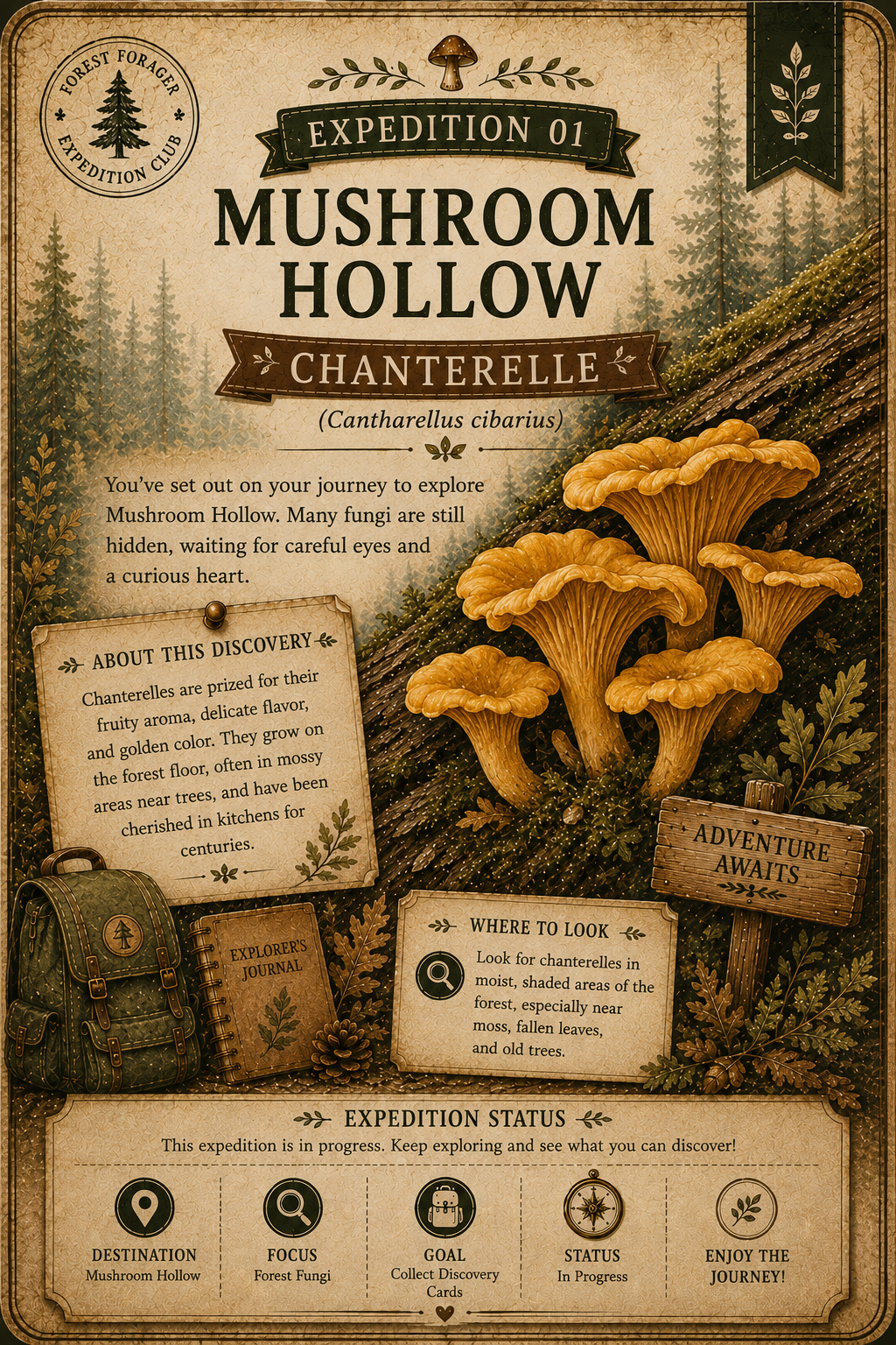 A vintage-style illustrated poster or card titled 'Expedition 01 Mushroom Hollow Chanterelle' with a forest scene, large chanterelle mushrooms, a backpack, and informational panels about the discovery and expedition status.
