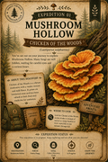 A vintage-style illustrated poster or booklet cover titled 'Expedition 01 Mushroom Hollow Chicken of the Woods,' showing a large orange-brown mushroom cluster, forest scenery, a backpack, and informational text panels on a parchment-like background.