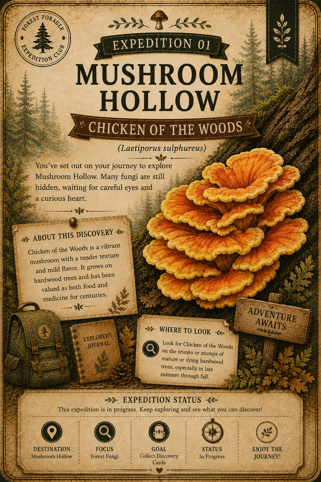 A vintage-style illustrated poster or booklet cover titled 'Expedition 01 Mushroom Hollow Chicken of the Woods,' showing a large orange-brown mushroom cluster, forest scenery, a backpack, and informational text panels on a parchment-like background.