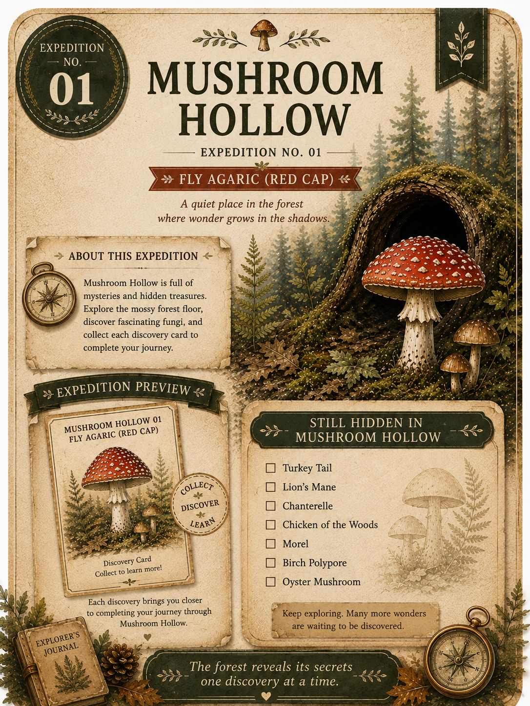 A vintage-style illustrated poster or card titled "Mushroom Hollow Expedition No. 01" with forest artwork, mushroom illustrations, and text panels describing an expedition and discovery checklist.