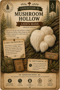 A vintage-style illustrated expedition poster titled 'Expedition 01 Mushroom Hollow' with 'Lion's Mane' text, showing a realistic mushroom, forest scenery, and informational panels about the discovery and what to look for.