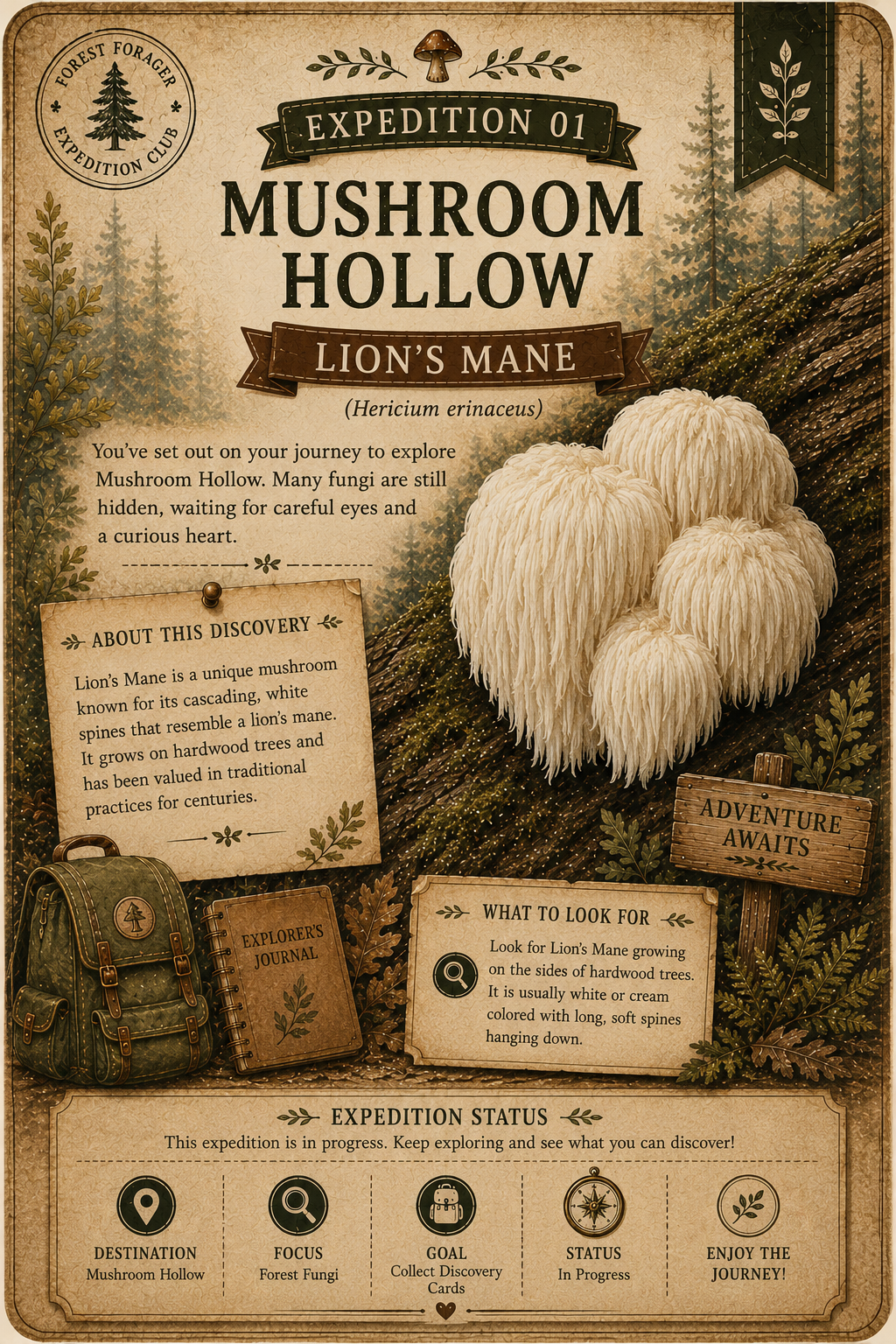 A vintage-style illustrated expedition poster titled 'Expedition 01 Mushroom Hollow' with 'Lion's Mane' text, showing a realistic mushroom, forest scenery, and informational panels about the discovery and what to look for.