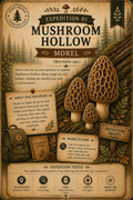 Vintage-style illustrated poster titled 'Expedition 01 Mushroom Hollow Morel' with forest scenery, large mushroom illustrations, and informational text panels about morels and outdoor exploration.