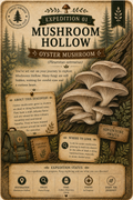 A vintage-style illustrated poster or card titled 'Expedition 01 Mushroom Hollow' with a forest background, large mushroom illustration, and text panels about oyster mushrooms, adventure notes, and expedition status.