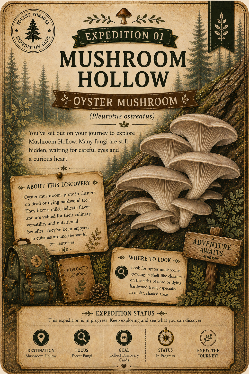 A vintage-style illustrated poster or card titled 'Expedition 01 Mushroom Hollow' with a forest background, large mushroom illustration, and text panels about oyster mushrooms, adventure notes, and expedition status.