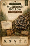 A vintage-style illustrated expedition card titled 'Expedition 01 Mushroom Hollow Turkey Tail,' showing a large turkey tail mushroom, forest scenery, a backpack, and text panels describing the journey.