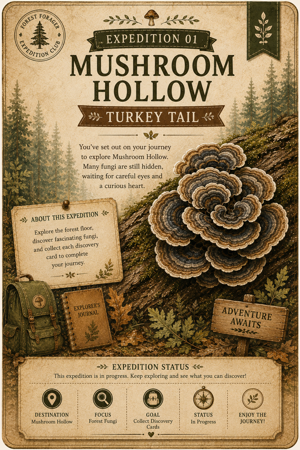 A vintage-style illustrated expedition card titled 'Expedition 01 Mushroom Hollow Turkey Tail,' showing a large turkey tail mushroom, forest scenery, a backpack, and text panels describing the journey.